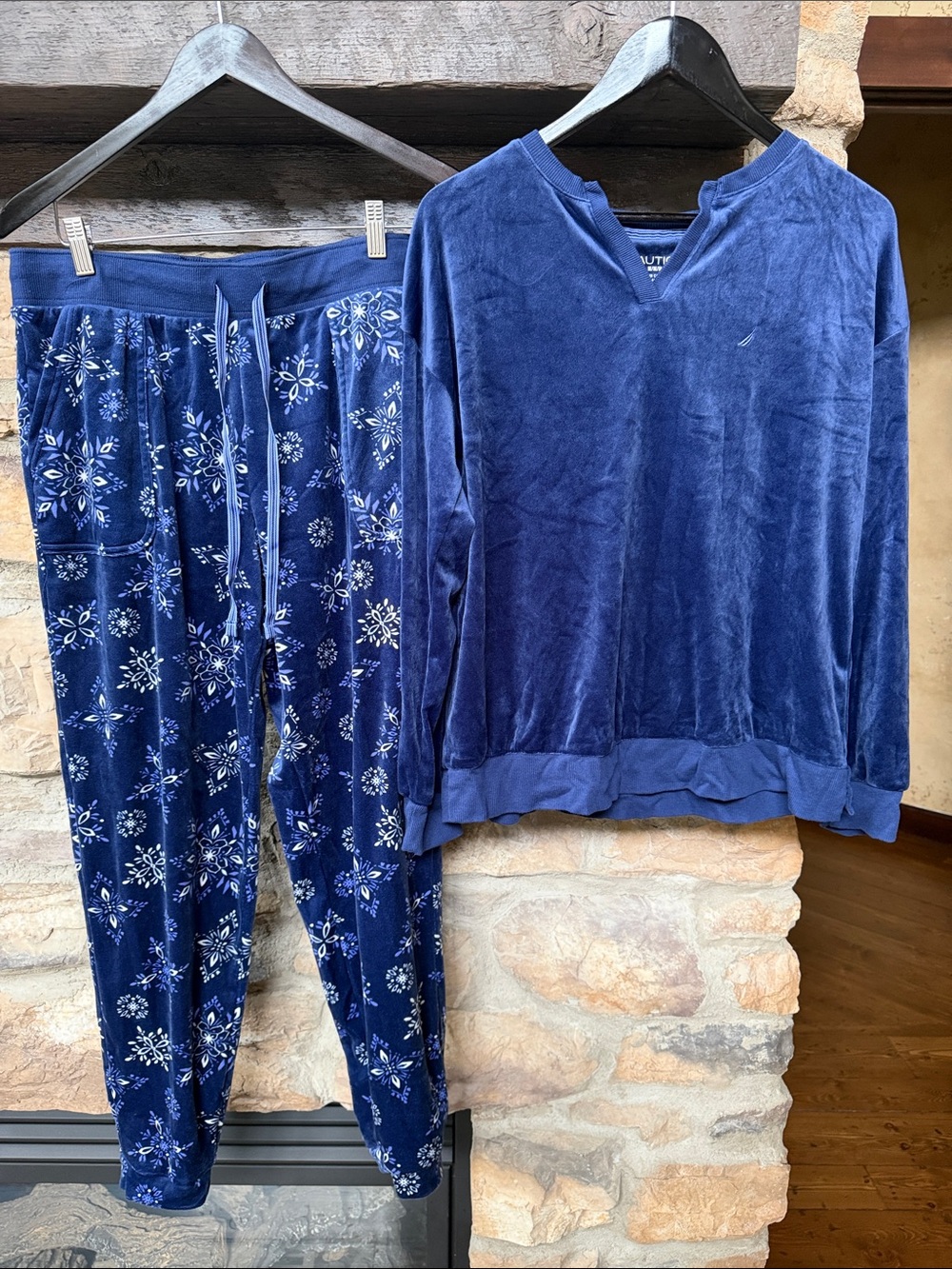 Nautica Navy Blue Velour Top with Snowflake Print Pajama Set